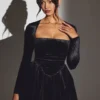 Tera Velvet Long Sleeve Corset Mini Dress in Jet Black