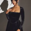 Tera Velvet Long Sleeve Corset Mini Dress in Jet Black