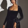 Tera Velvet Long Sleeve Corset Mini Dress in Jet Black