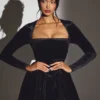 Tera Velvet Long Sleeve Corset Mini Dress in Jet Black