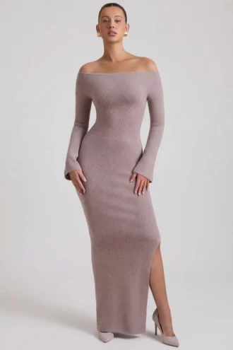 Terneigh Ribbed-Knit Off-Shoulder Maxi Dress in Taupe