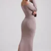 Terneigh Ribbed-Knit Off-Shoulder Maxi Dress in Taupe