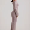 Terneigh Ribbed-Knit Off-Shoulder Maxi Dress in Taupe