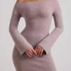 Terneigh Ribbed-Knit Off-Shoulder Maxi Dress in Taupe
