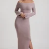 Terneigh Ribbed-Knit Off-Shoulder Maxi Dress in Taupe