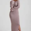 Terneigh Ribbed-Knit Off-Shoulder Maxi Dress in Taupe