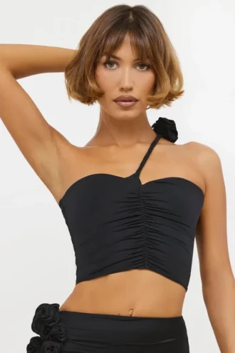 Tesia Slinky Jersey Rose Detail Asymmetric Top in Black