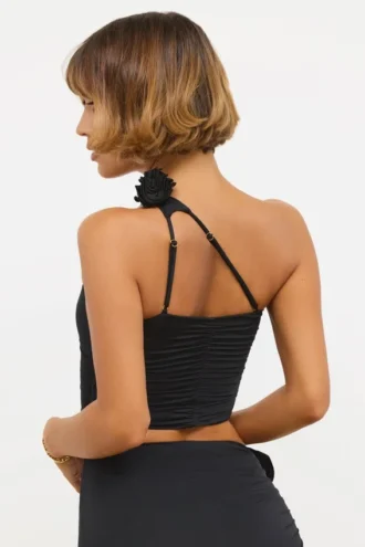 Tesia Slinky Jersey Rose Detail Asymmetric Top in Black
