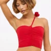 Tesia Slinky Jersey Rose Detail Asymmetric Top in Scarlet Red