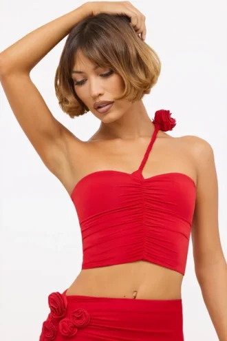 Tesia Slinky Jersey Rose Detail Asymmetric Top in Scarlet Red