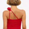 Tesia Slinky Jersey Rose Detail Asymmetric Top in Scarlet Red