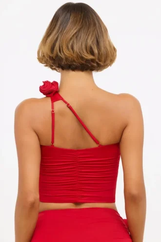 Tesia Slinky Jersey Rose Detail Asymmetric Top in Scarlet Red