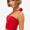 Tesia Slinky Jersey Rose Detail Asymmetric Top in Scarlet Red