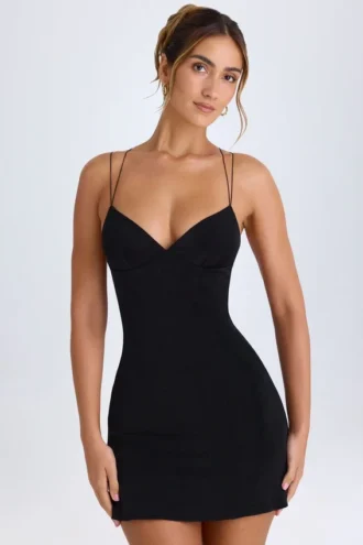 Tesni Strap-Detail Halterneck Mini Dress in Black