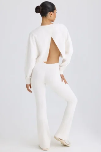 Textured Cotton Jersey Flared Trousers in White