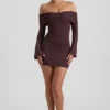 Thais Modal-Cashmere Blend Off-Shoulder Ruched Mini Dress in Espresso