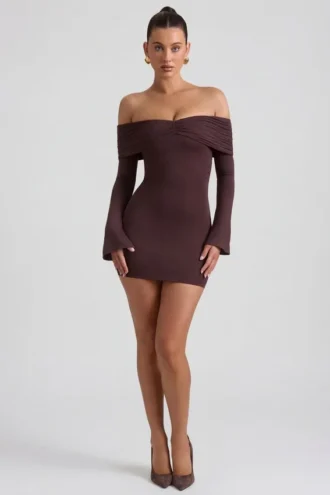 Thais Modal-Cashmere Blend Off-Shoulder Ruched Mini Dress in Espresso