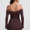 Thais Modal-Cashmere Blend Off-Shoulder Ruched Mini Dress in Espresso