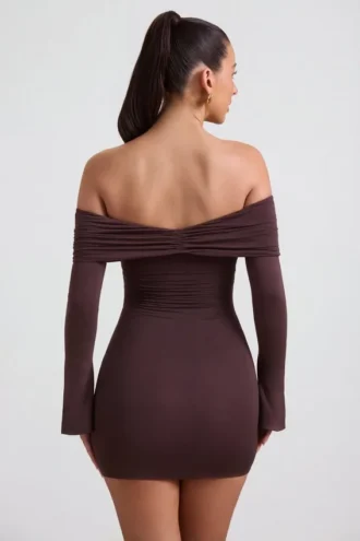 Thais Modal-Cashmere Blend Off-Shoulder Ruched Mini Dress in Espresso
