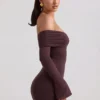 Thais Modal-Cashmere Blend Off-Shoulder Ruched Mini Dress in Espresso