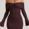 Thais Modal-Cashmere Blend Off-Shoulder Ruched Mini Dress in Espresso