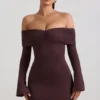 Thais Modal-Cashmere Blend Off-Shoulder Ruched Mini Dress in Espresso