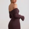Thais Modal-Cashmere Blend Off-Shoulder Ruched Mini Dress in Espresso