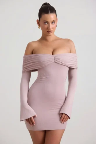 Thais Modal-Cashmere Blend Off-Shoulder Ruched Mini Dress in Taupe