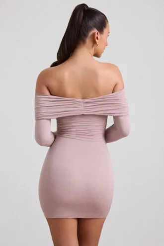 Thais Modal-Cashmere Blend Off-Shoulder Ruched Mini Dress in Taupe