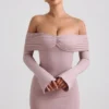 Thais Modal-Cashmere Blend Off-Shoulder Ruched Mini Dress in Taupe
