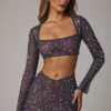 Thalassa Sheer Embellished V Waist Mini Skirt in Navy
