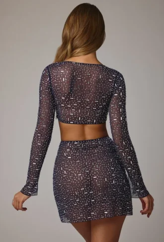 Thalassa Sheer Embellished V Waist Mini Skirt in Navy