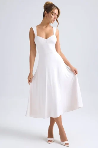 Thandie Sweetheart-Neck Ruched Midaxi Dress in Ivory