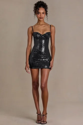 Theodora Premium Sequin Lace Corset Mini Dress in Black