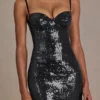Theodora Premium Sequin Lace Corset Mini Dress in Black