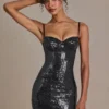 Theodora Premium Sequin Lace Corset Mini Dress in Black