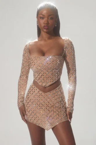 Thora Embellished Asymmetric Crop Top in Almond