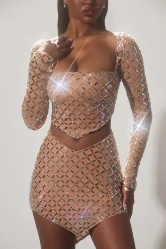Thora Embellished Asymmetric Crop Top in Almond