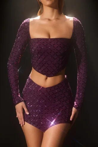 Thora Embellished Asymmetric Crop Top in Deep Purple