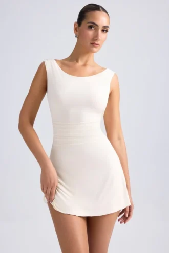 Tigen Off-Shoulder Cowl-Back A-Line Mini Dress in Ivory
