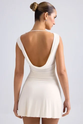 Tigen Off-Shoulder Cowl-Back A-Line Mini Dress in Ivory