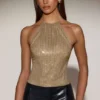 Tindra Embellished Jersey Halterneck Backless Top in Gold