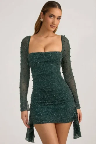 Tivoli Embellished Cowl-Neck Draped Mini Dress in Emerald Green