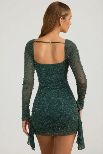 Tivoli Embellished Cowl-Neck Draped Mini Dress in Emerald Green