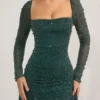 Tivoli Embellished Cowl-Neck Draped Mini Dress in Emerald Green