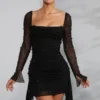 Tivoli Long Sleeve Embellished Cowl Neck Mini Dress in Black
