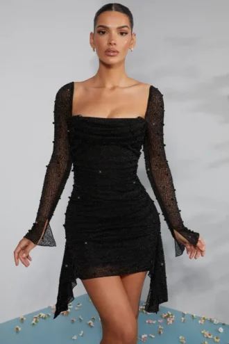 Tivoli Long Sleeve Embellished Cowl Neck Mini Dress in Black