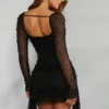 Tivoli Long Sleeve Embellished Cowl Neck Mini Dress in Black
