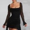 Tivoli Long Sleeve Embellished Cowl Neck Mini Dress in Black