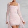 Tivoli Long Sleeve Embellished Cowl Neck Mini Dress in Blush